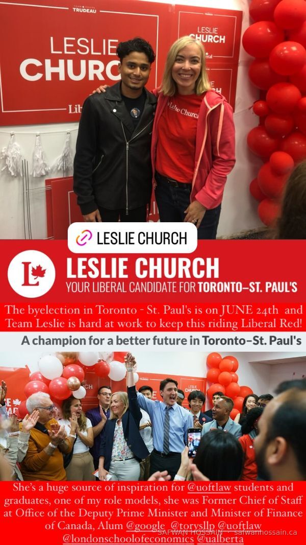 Safwan Hossain with Liberal candidate Leslie Church at a Toronto—St. Paul's campaign event