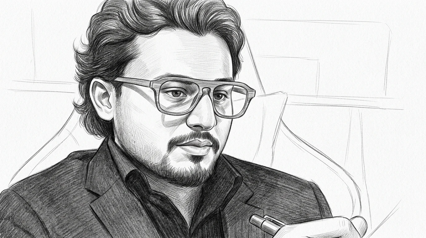 Hand-drawn pencil portrait of Safwan Hossain mid-interview