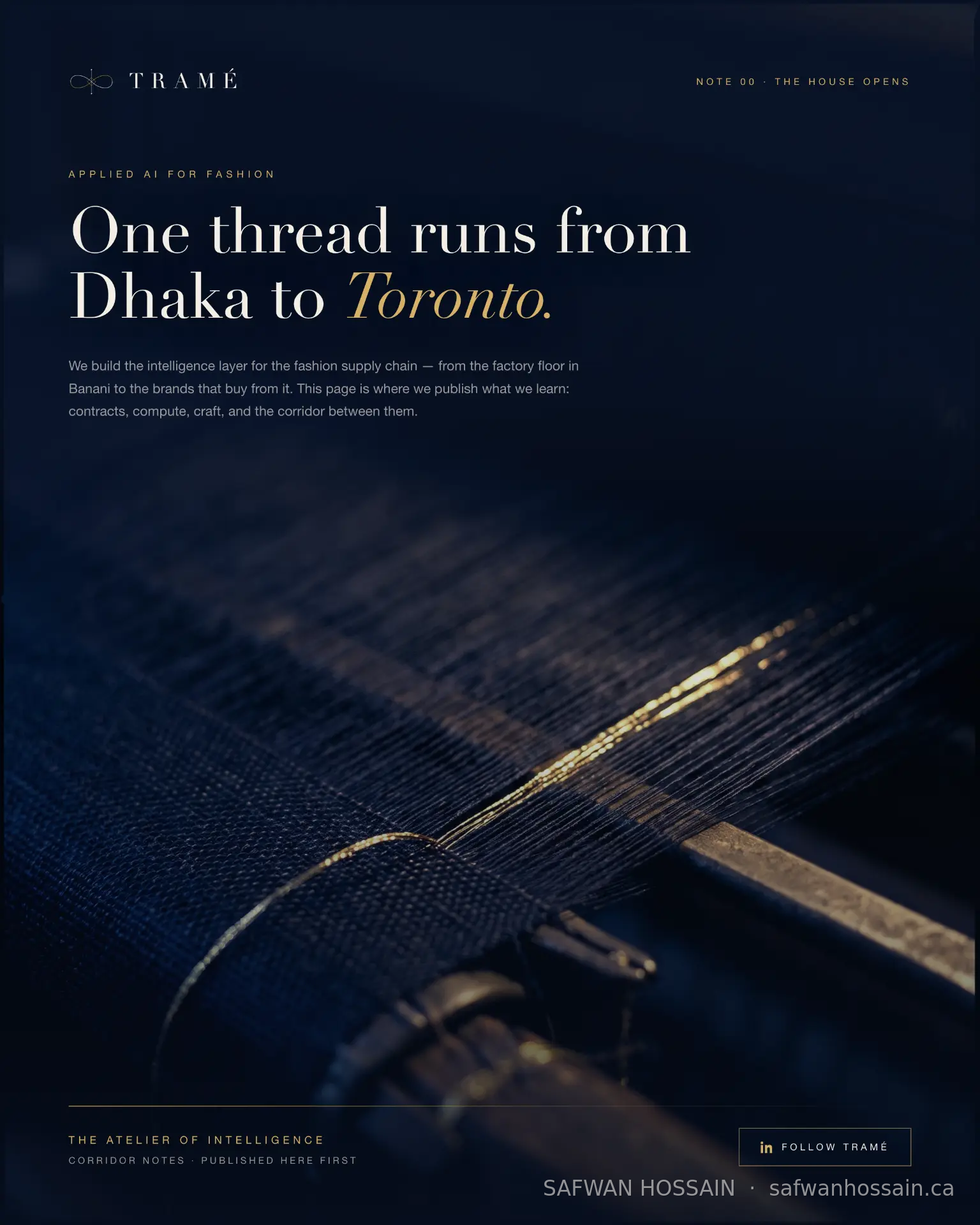 Tramé brand still — a loom weaving deep navy fabric with a gold thread